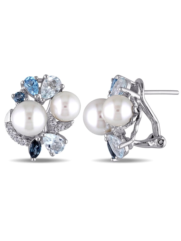 Women's 6.5-8mm Cultured Freshwater Pearl & Multi-Gem Sterling Silver Cluster Drop Earrings