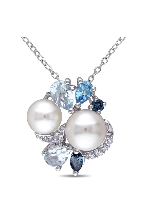 Women's Cultured Freshwater Pearl and Multi-Gemstone Sterling Silver Cluster Pendant with Chain