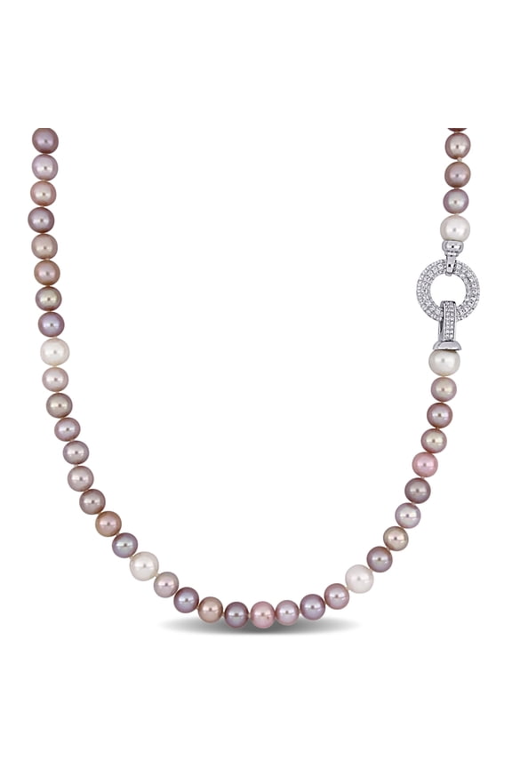Women's Cultured Pearl and Cubic Zirconia Sterling Silver Necklace