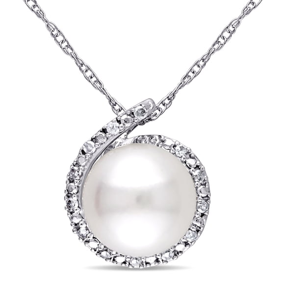 Everly Women's Cultured Freshwater Pearl and Diamond Accent 10k White Gold Halo Pendant with Chain