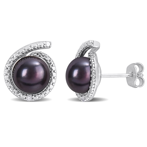 Everly Women’s Black Cultured Freshwater Pearl Diamond Accent Sterling Silver Stud Earrings