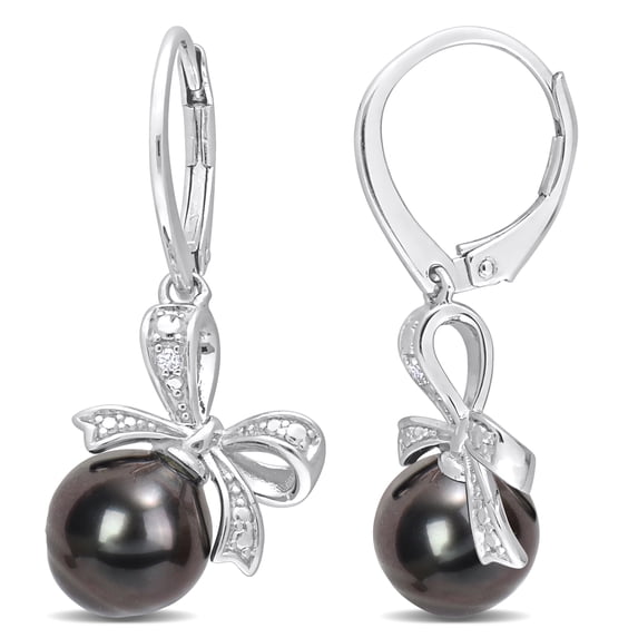 Everly Women’s 8-9mm Cultured Tahitian Pearl and Diamond Accent Silver Bow Leverback Earrings