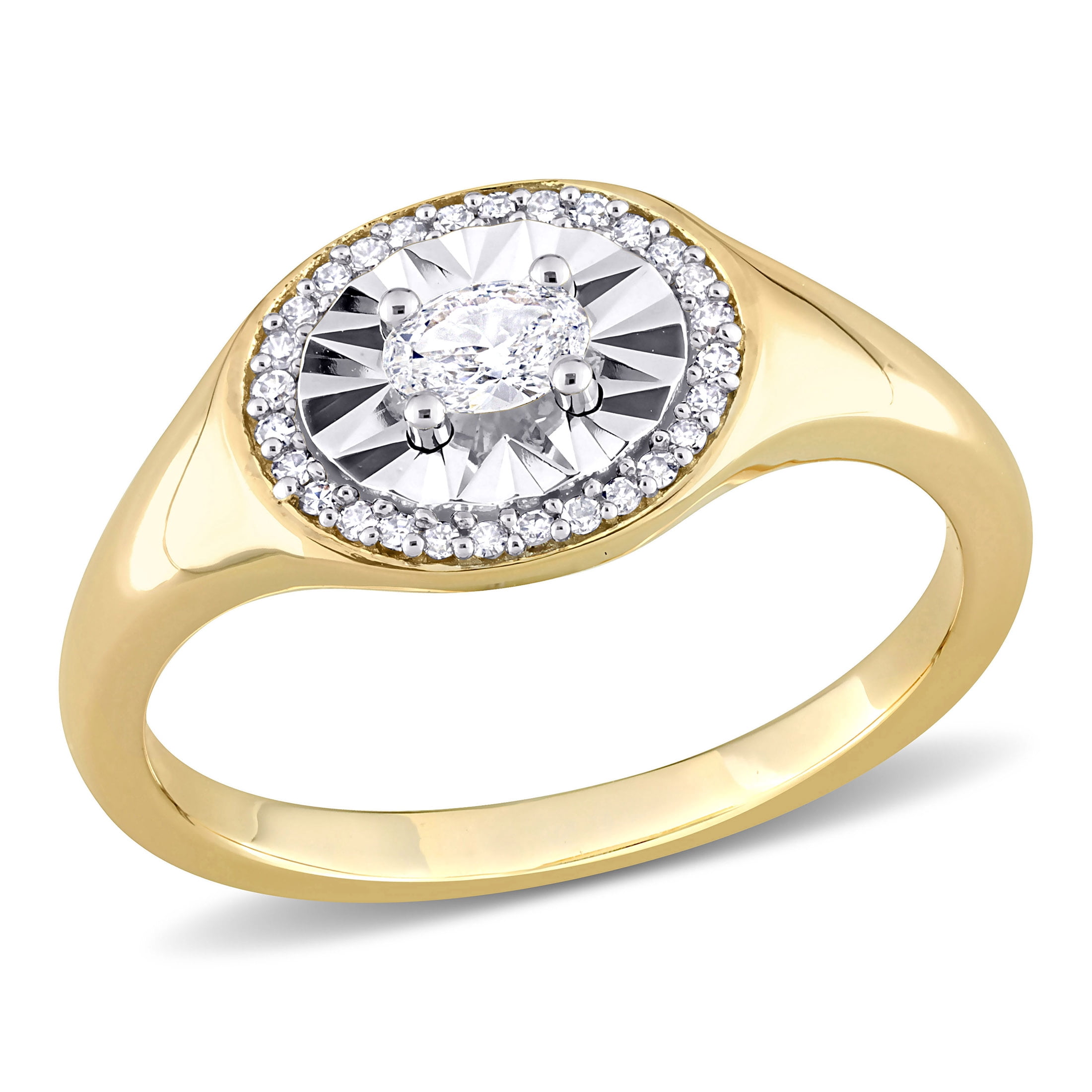 Miabella Women's 1/4 Carat Oval-Cut T.W. Diamond 14kt Two-Tone Yellow and White Gold Halo Signet Engagement Ring