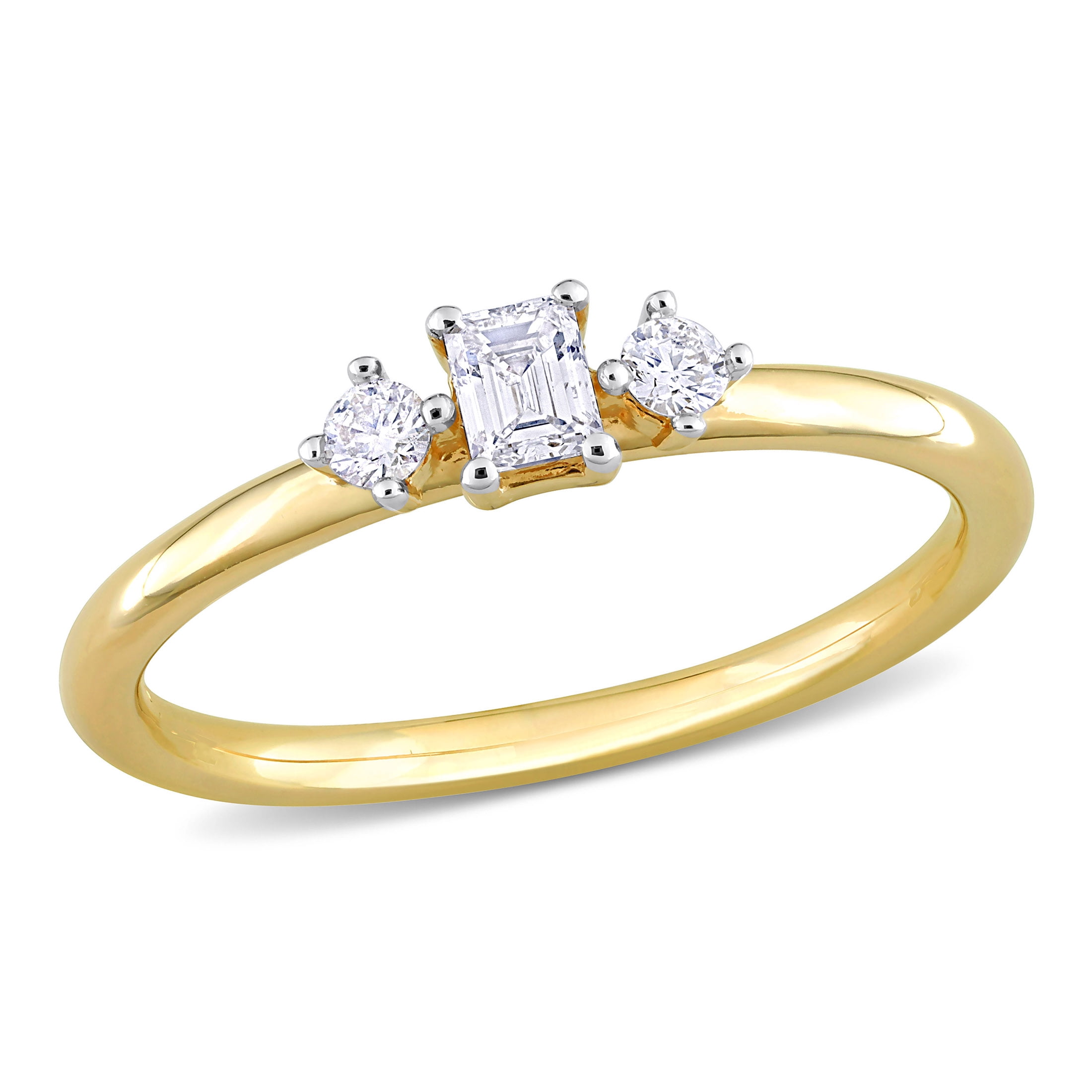 Miabella Women's 1/4 CT T.W. Emerald & Round Diamond 14kt Yellow Gold 3-Stone Engagement Ring