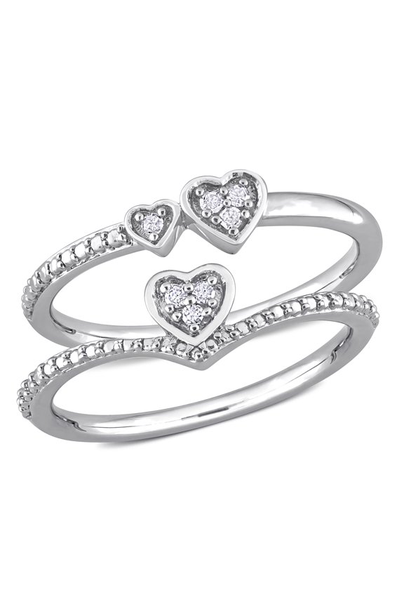 Women's Diamond Accent Sterling Silver Double Heart Promise 2-Pc Ring Set