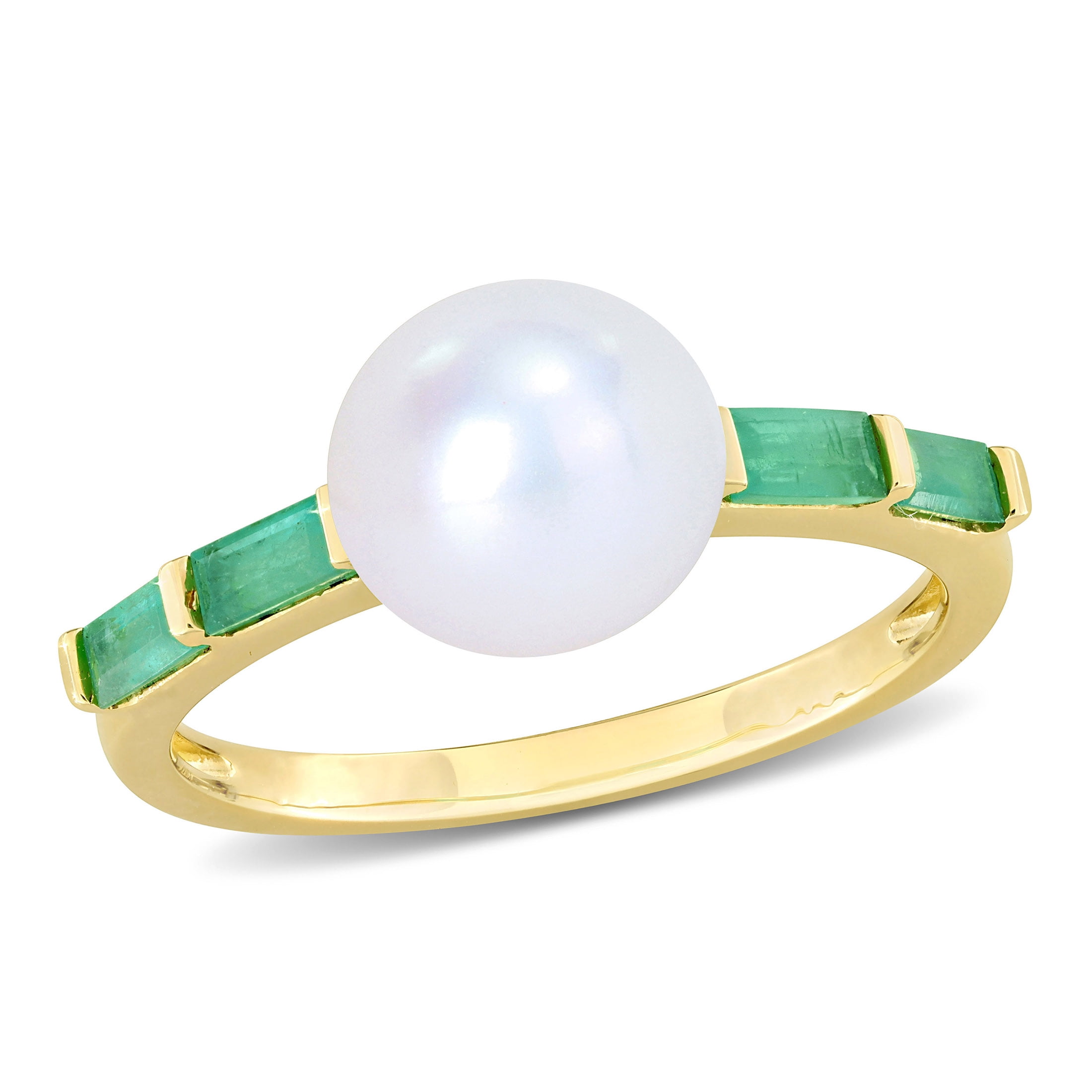 Miabella Women's White Round Freshwater Pearl 1/2 Carat Emerald 10kt Yellow Gold Stackable Ring