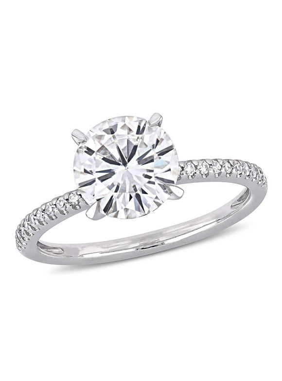 Everly Women's Engagement Anniversary 2 CT DEW Round-Cut White Created Moissanite 1/10 CT T.W. Diamond 14kt White Gold Solitaire Style Ring with 4 Prong/Claw/Buttercup Setting (G-H, I1-I2)