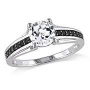 Everly Women's Engagement Anniversary Bridal 1 3/8 CT. Round Created White Sapphire 1/7 CT. Round Black Diamond Sterling Silver Solitaire Style Ring, Prong//Pave Setting & Shoulder Stones on Shank