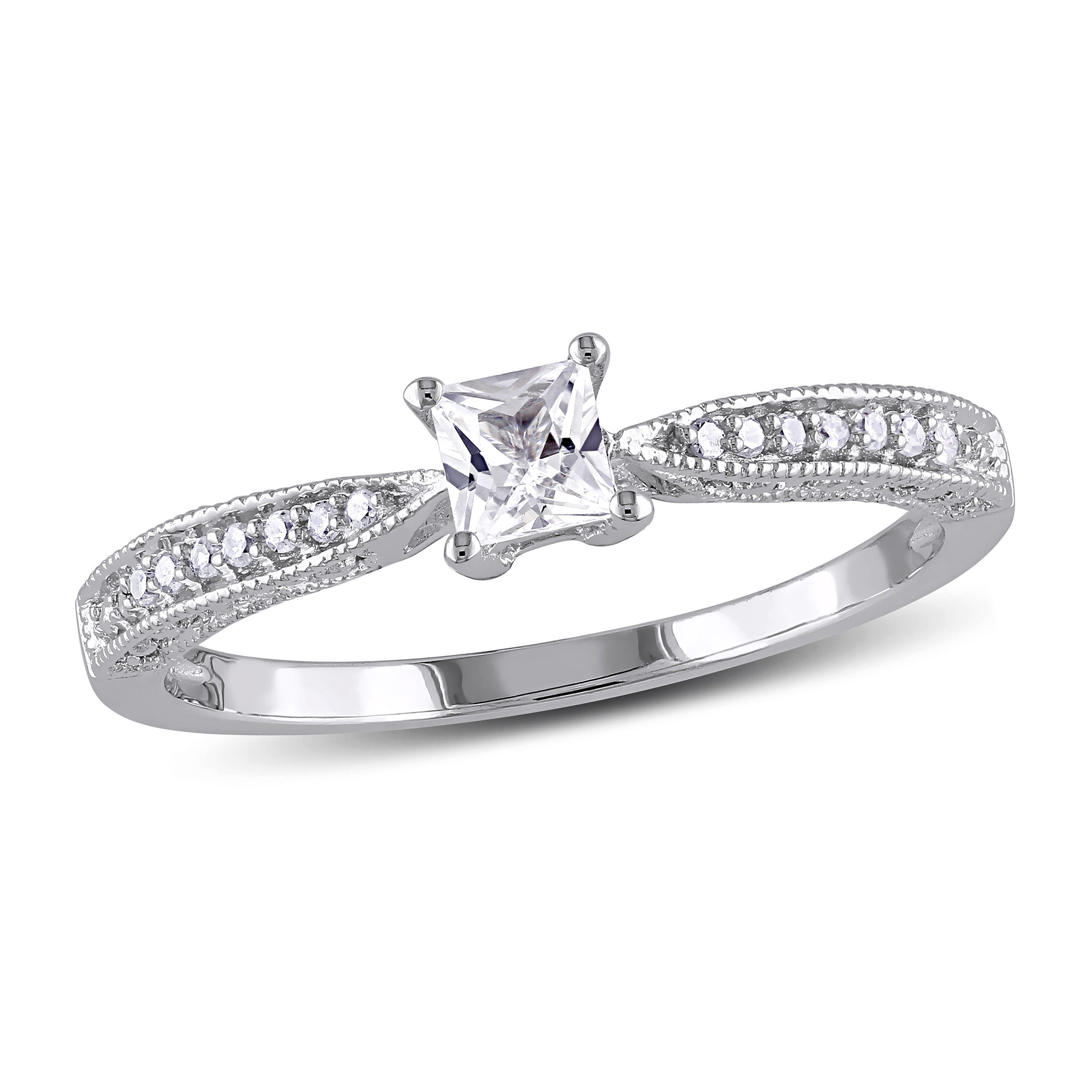 Everly Women's Engagement Anniversary Bridal 1/3 CT T.G.W. Square-Cut Created White Sapphire Round-Cut Diamond Accent (G-H, I2-I3) Sterling Silver Sky Tip Shank Ring with 4 Prong/Claw/Pave Setting - image 1 of 7
