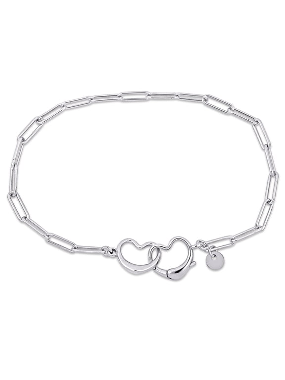 Women's Fancy-Cut Sterling Silver Paper Clip Link Chain Double Heart Bracelet