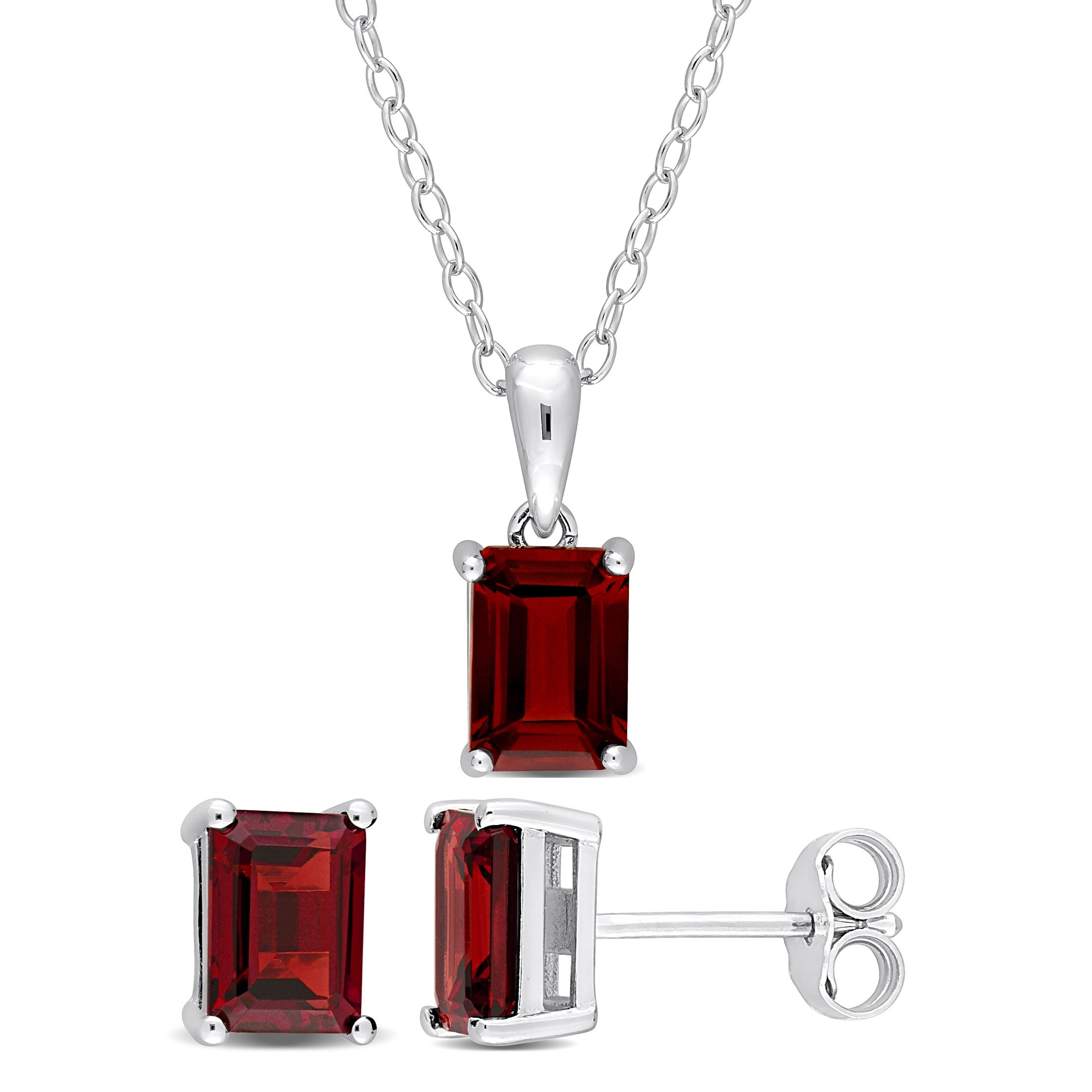 Everly Women's 3-3/4 Carat T.G.W. Emerald-Cut Garnet Sterling Silver 2-Piece Solitaire Pendant and Stud Earrings Set