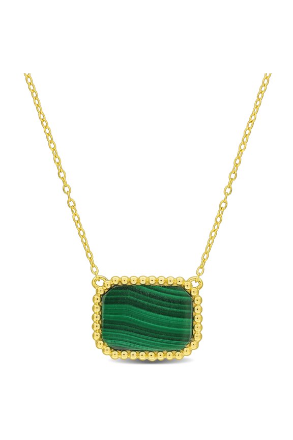 Women's 5ct TGW Malachite Yellow Gold Flash Plated Sterling Silver Halo Beaded Necklace