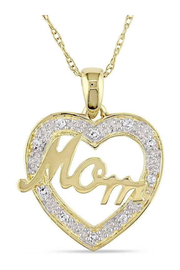 Women's "Mom" .05CT TDW Diamond 10k Yellow Gold Heart Necklace -17"