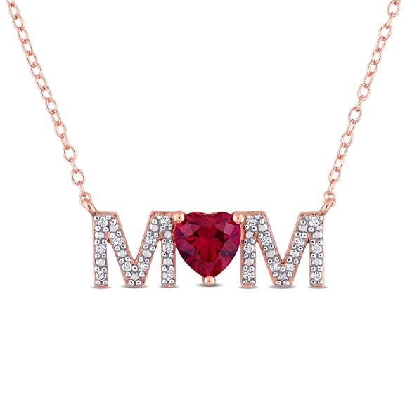 Everly Women's "Mom" 1 CT TGW Created Ruby and Diamond Rose Gold Flash Plated Sterling Silver Necklace