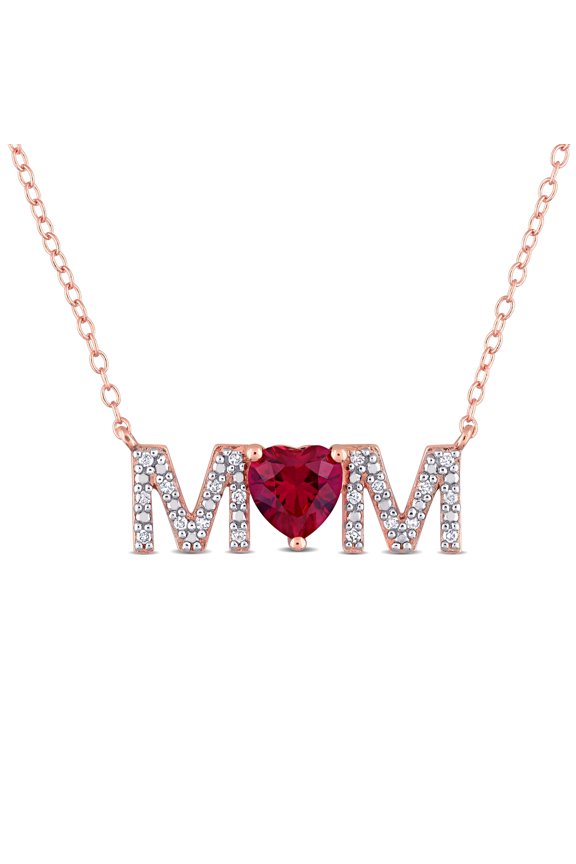 Women's "Mom" 1 CT TGW Created Ruby and Diamond Rose Gold Flash Plated Sterling Silver Necklace