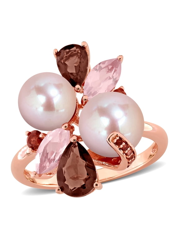 Women's Pink Cultured Freshwater Pearl and Multi-Gemstone Rose Silver Cluster Ring