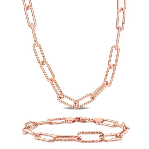 Everly Women's Rose Silver 6mm Oval Link Necklace and Anklet Set - 18 in + 9 in