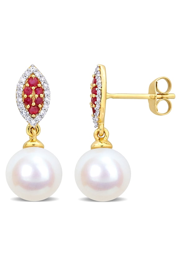 Women's Cultured Freshwater Pearl 1/6ct TGW Ruby 1/7ct TW Diamond 14k Yellow Gold Earrings