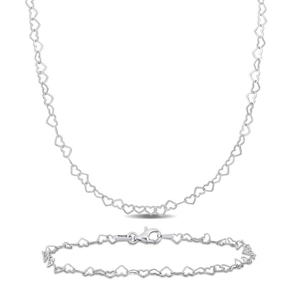 Everly Women's Sterling Silver 3mm Heart Link Necklace and Anklet Set - 16 in + 9 in