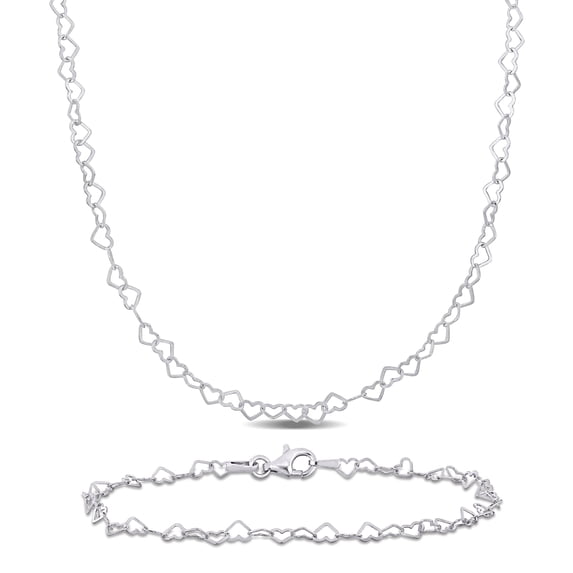 Everly Women's Sterling Silver 3mm Heart Link Necklace and Bracelet Set - 16 in + 7.5 in