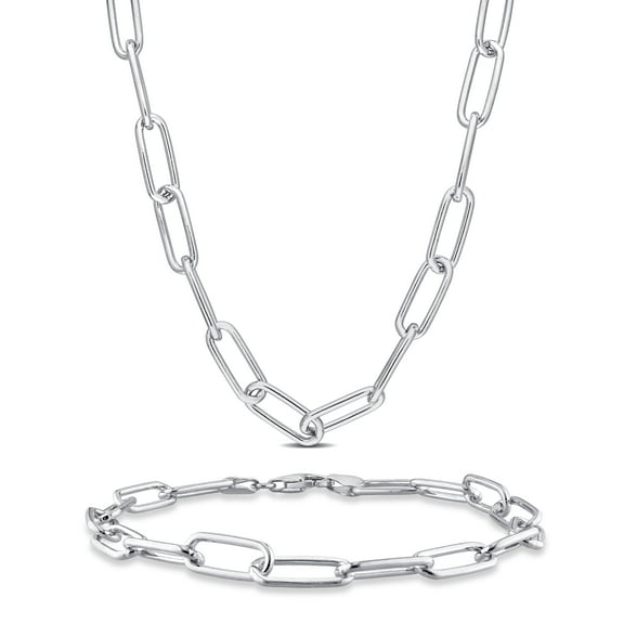 Everly Women's Sterling Silver 6mm Fancy Paperclip Chain Necklace and Anklet Set - 16 in + 9 in