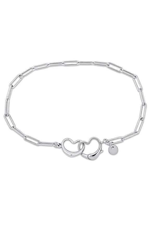 Women's Fancy-Cut Sterling Silver Paper Clip Link Chain Double Heart Bracelet