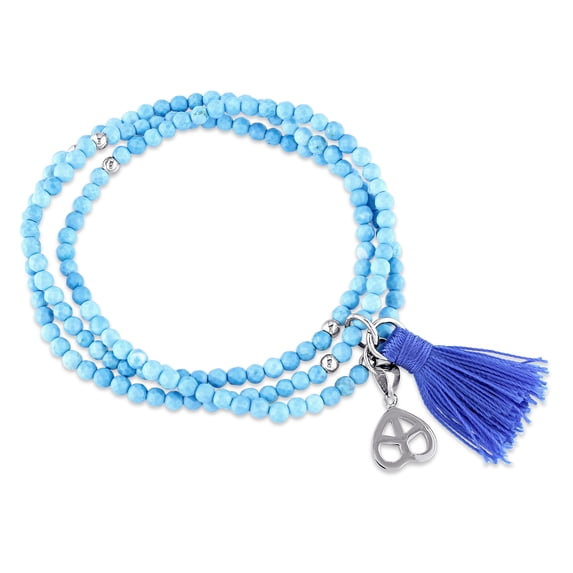 Everly Women's Dyed Hoplite Bead Sterling Silver Blue Tassel and Heart Charm Bracelet