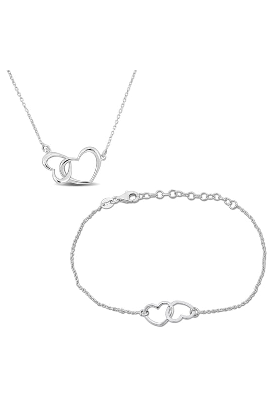 Women's Sterling Silver Double Heart Necklace and Bracelet Set - 16.5+1 in & 7+1 in