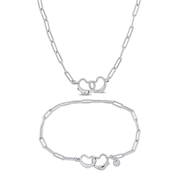 Everly Women's Sterling Silver Link Double Heart Clasp Necklace and Bracelet Set - 20 in + 7.5 in