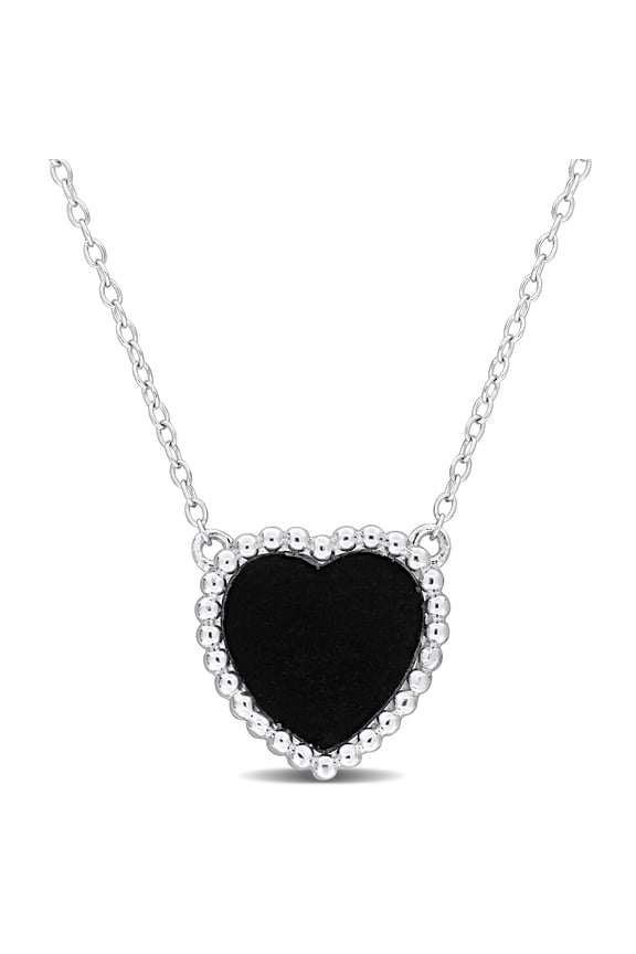 Women's 5ct TGW Black Agate Sterling Silver Heart Beaded Halo Necklace