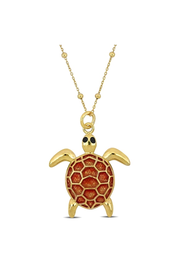 Women's Red Enamel Yellow Silver Tortoise Charm Station Necklace