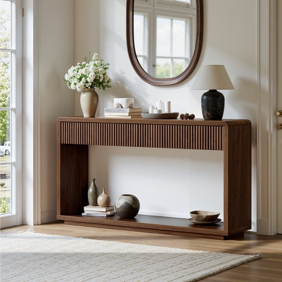 Evermagin 59"W Wooden Console Table, Boho Fluted Entryway Table with Drawers and Storage for Living Room, Entrance, Hallway, Walnut