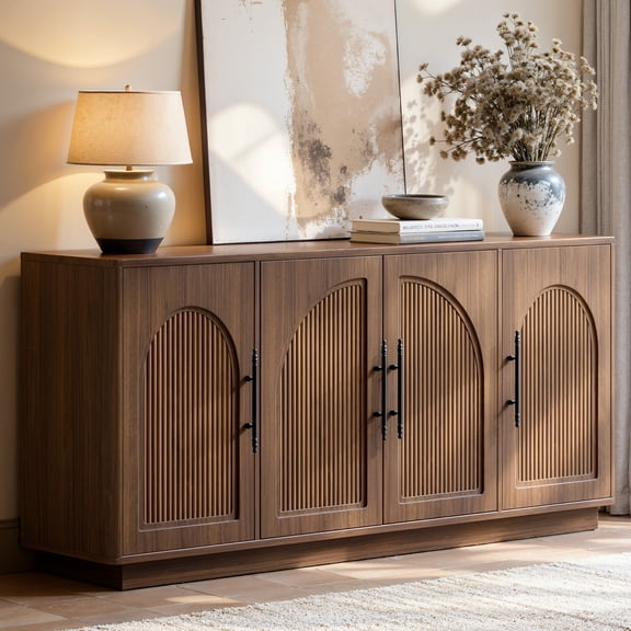 Evermagin 67"W Sideboard Buffet Cabinet with Storage, Fluted Kitchen Storage Cabinet Credenza with 4 Doors for Living Room, Dining, Entryway, Walnut