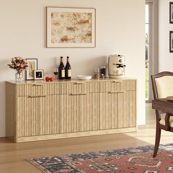 Evermagin 67"W Sideboard Buffet Cabinet with Storage, Fluted Kitchen Storage Cabinets with 3 Drawers and 6 Doors for Living Room, Coffee Bar, Natural