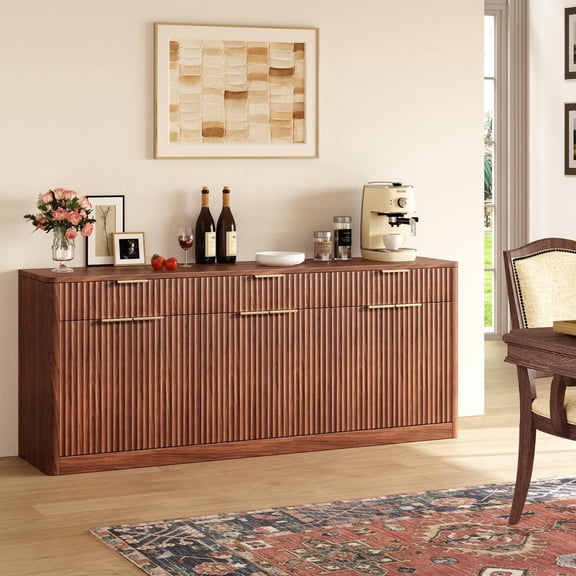 Evermagin 67"W Sideboard Buffet Cabinet with Storage, Fluted Kitchen Storage Cabinets with 3 Drawers and 6 Doors for Living Room, Coffee Bar, Walnut
