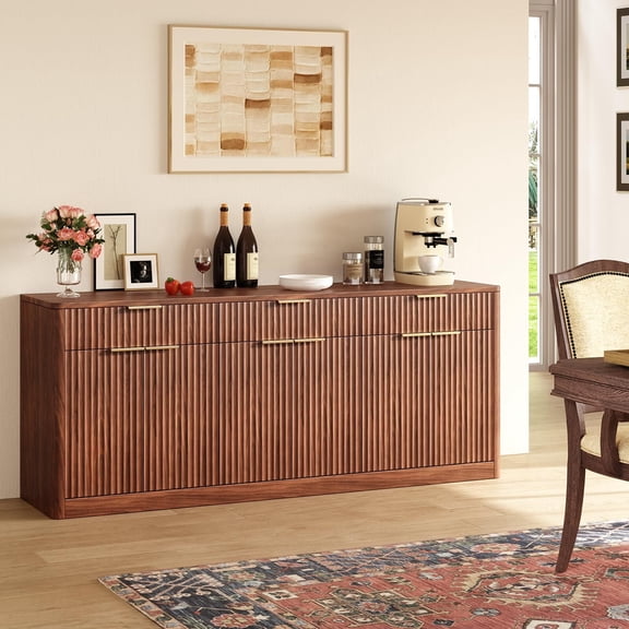 Evermagin 67"W Sideboard Buffet Cabinet, Mid-Century Modern Console Cabinet with 3 Drawers and 6 Doors for Kitchen, Living Room, Walnut