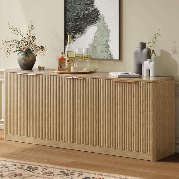 Evermagin 67"W Sideboard Buffet Cabinet, Mid-Century Modern Console Cabinet with 3 Storage Shelves for Kitchen, Living Room, Oak