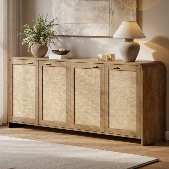 Evermagin 67"W Sideboard Buffet Cabinet with Storage, Rattan Large Credenza Sideboard Cabinet with 4 Doors for Dining, Living, Kitchen, Caramel Oak