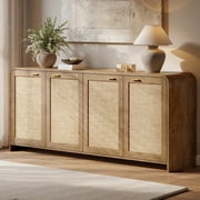 Evermagin 67"W Rattan Sideboard Buffet Cabinet, Large Credenza Sideboard Cabinet with 2 Shelves and 4 Doors for Kitchen, Living, Dining, Caramel Oak