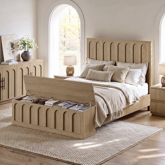 Evermagin Arched Queen Bed Frame with Storage Bench, Wooden Platform Bed Frame with 51"H Headboard, No Box Spring Needed, Easy Assembly, Natural Oak