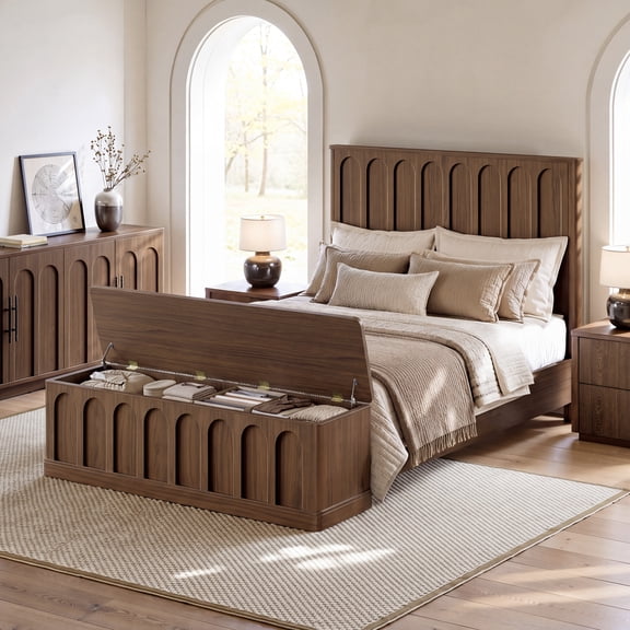Evermagin Queen Size Arched Bed Frame with Footboard, Wooden Platform Bed Frame with 51"H Headboard, No Box Spring Needed, Easy Assembly, Walnut