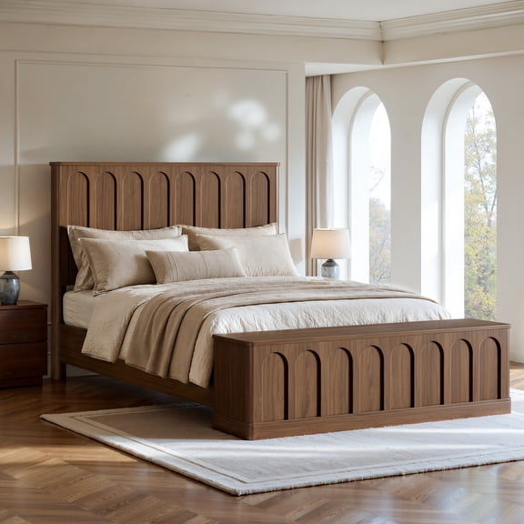 Evermagin Arched Queen Bed Frame with Storage Bench, Wooden Platform Bed Frame with 51"H Headboard, No Box Spring Needed, Easy Assembly, Walnut