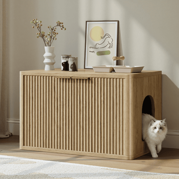 Evermagin Cat Litter Box Enclosure Furniture, Multi-Functional Hidden Washroom Bench with Rounded Corners, Entry Can Install Left/Right, Natural