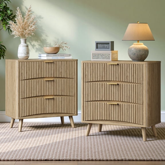 Evermagin Fluted Nightstand Set of 2 with 3 Drawers, 31.5" W Farmhouse Bedside Table with Handles for Bedroom, Living Room, Small Space, Natural
