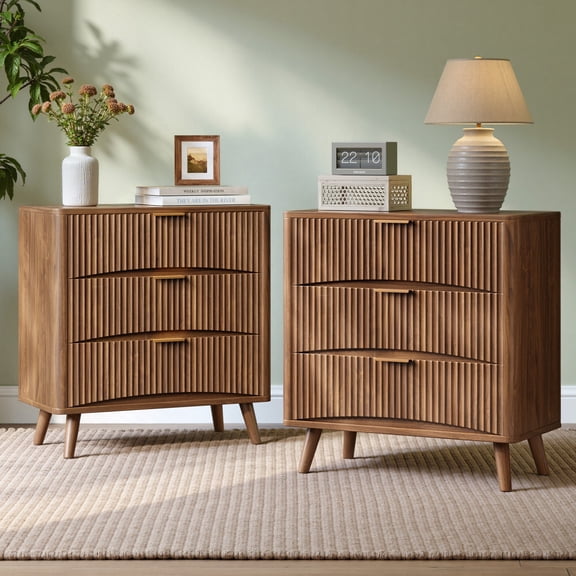 Evermagin Fluted Nightstand Set of 2 with 3 Drawers, 31.5" W Farmhouse Bedside Table with Handles for Bedroom, Living Room, Small Space, Walnut