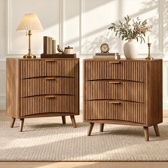 Evermagin Fluted Nightstand Set of 2 with 3 Drawers, 31.5" W Farmhouse Bedside Table with Handles for Bedroom, Living Room, Small Space, Walnut