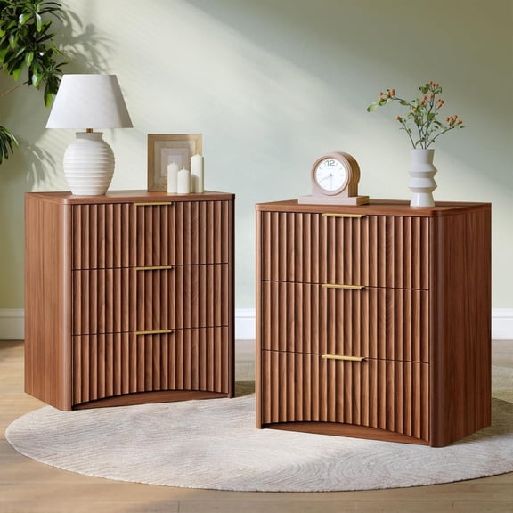 Evermagin Fluted Nightstand Set of 2 with 3 Drawers, Farmhouse End Side Table with Storage for Bedroom, Living Room, Apartment, Walnut