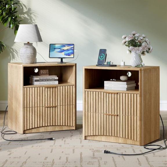 Evermagin Fluted Nightstand Set of 2 with Charging Station, Farmhouse End Side Table with 2 Drawers and Storage for Bedroom, Living Room, Natural Oak