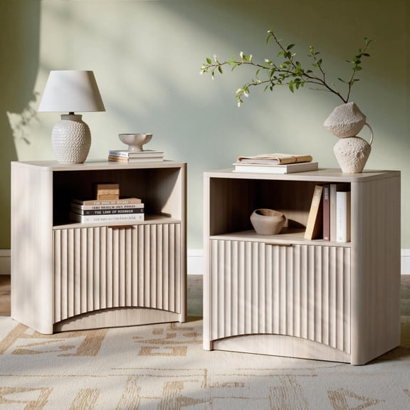 Evermagin Fluted Nightstand Set of 2 with Drawer, Farmhouse End Side Table with Storage Shelf for Bedroom, Living Room, Apartment, White Alder