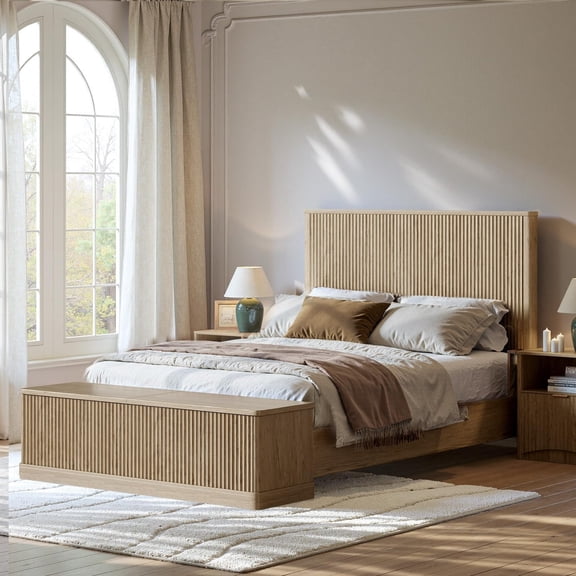 Evermagin Fluted Queen Bed Frame, Wooden Platform Bed Frame with Storage Bench and Headboard, No Box Spring Needed, Easy Assembly, Natural Oak